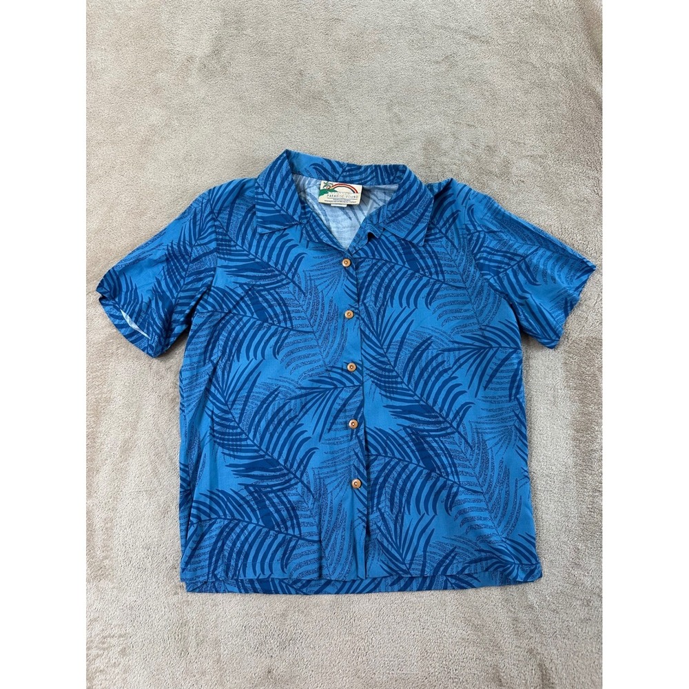 Vintage Paradise Found shirt Mens S Blue Palm Leaf Hawaiian Rayon Hawaii S/S EUC
